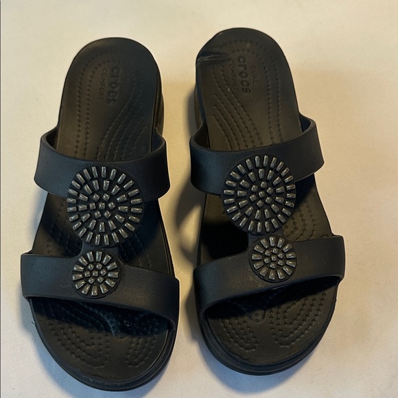 CROCS Black Slide Sandals with Decorative Accents - Picture 1 of 4